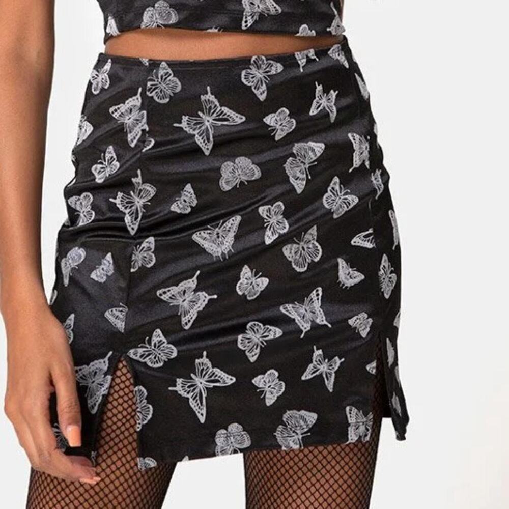 Motel Rocks Zaid Black Satin Butterfly Double Split High Rise Mini Skirt Size XS